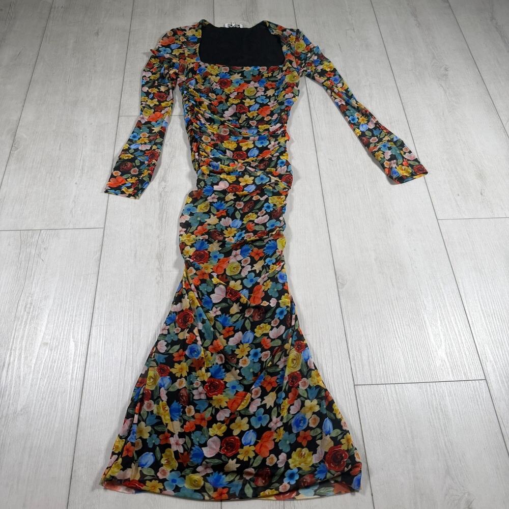 GANNI Maxi Dress Womens EU 34 US XS Ruched Mesh Floral Long Sleeve Maximalist